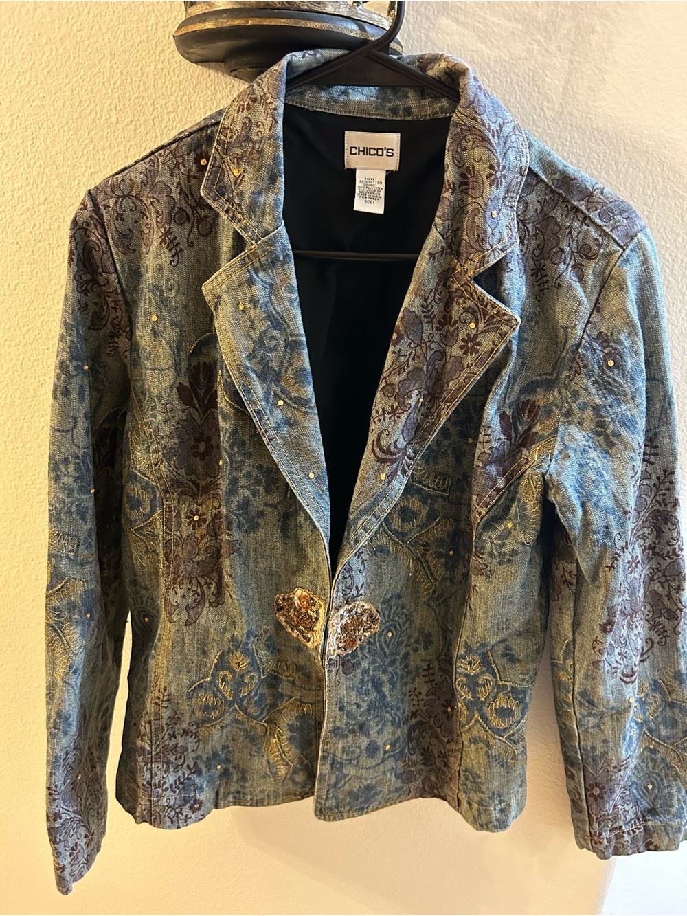 Chico's Blue Floral Embroidered Blazer Jacket with Gold Accents